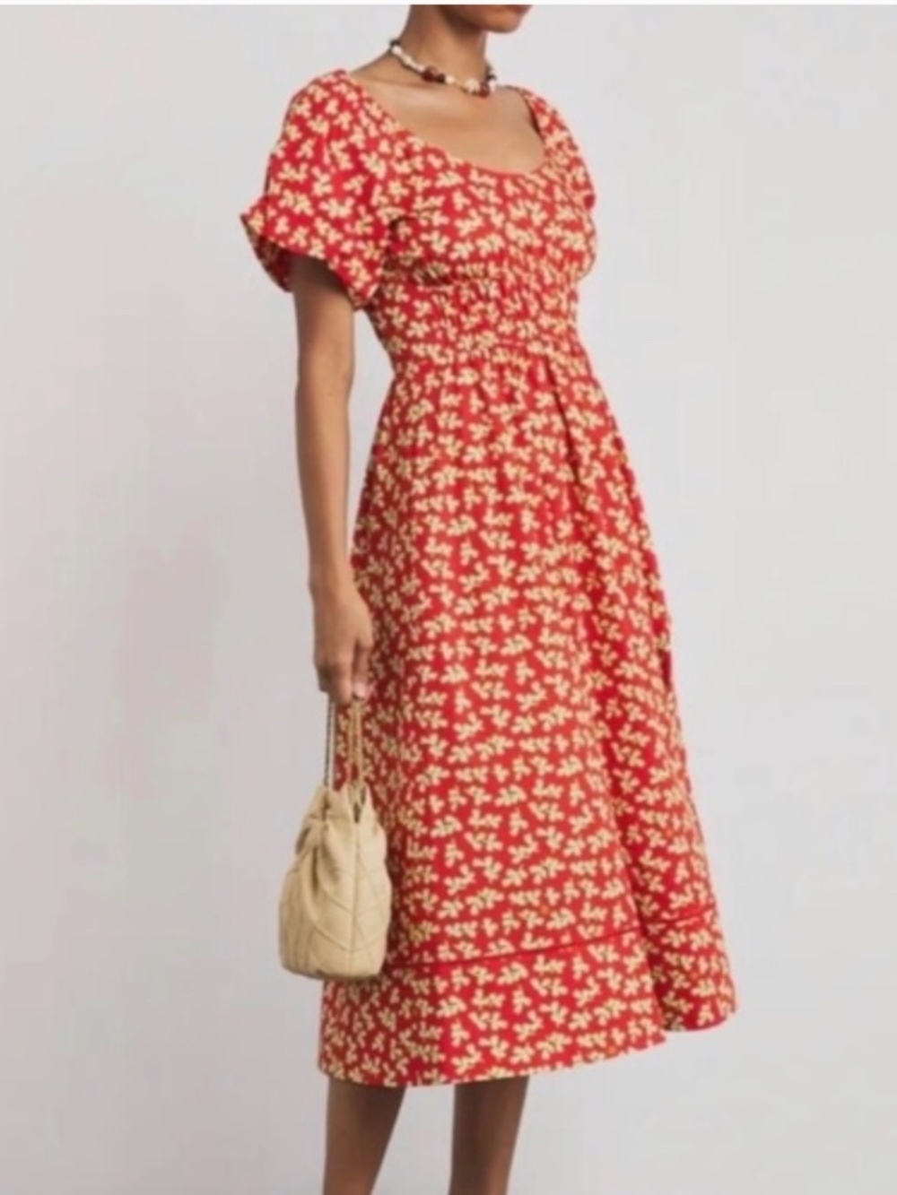 Tory Burch Red Floral Little Leaves Smocked Midi Dress Pockets Size 2 NWOT - Picture 2 of 9